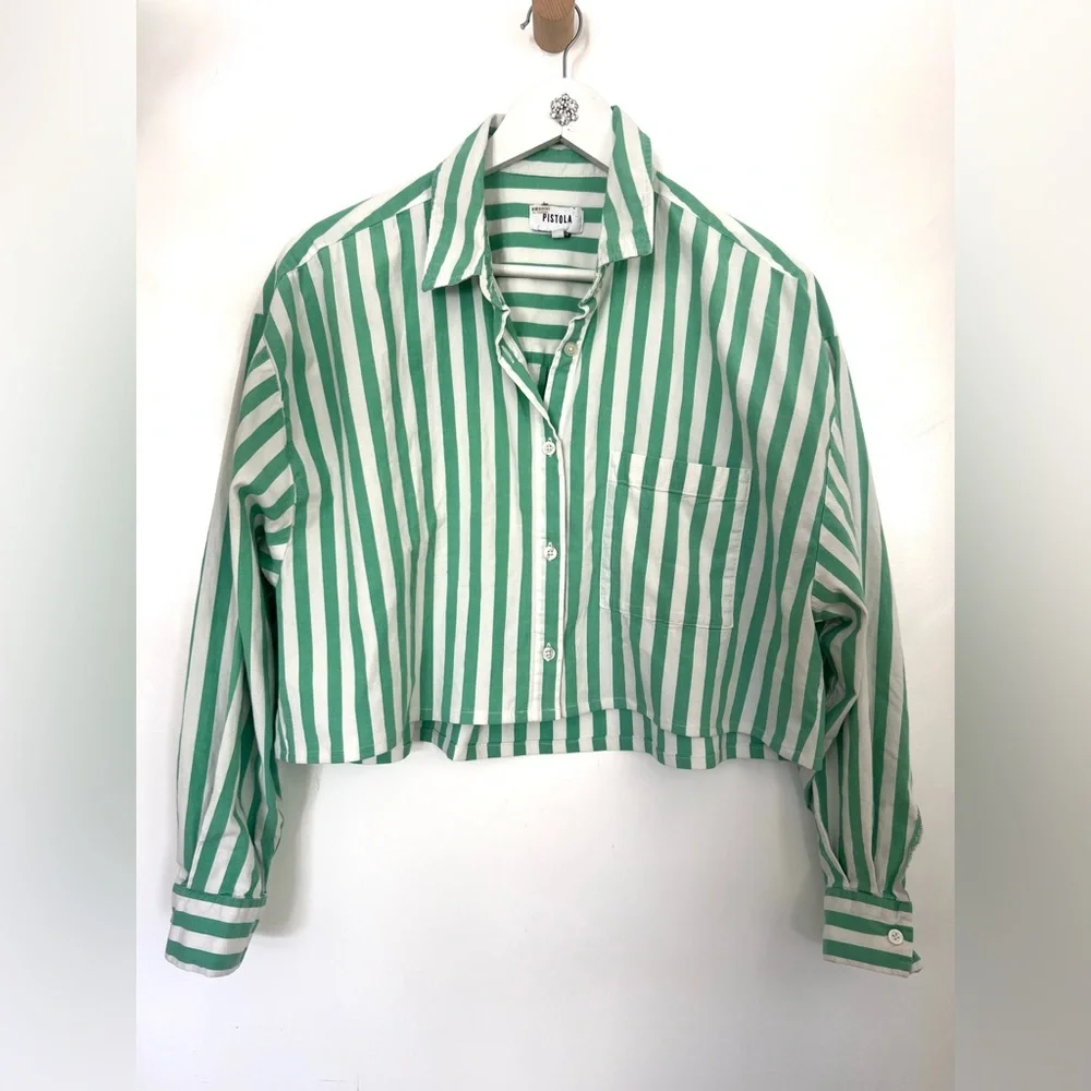 Anthropologie Pistola Mint and White cropped Striped Women's shirt SZ M - Picture 2 of 4